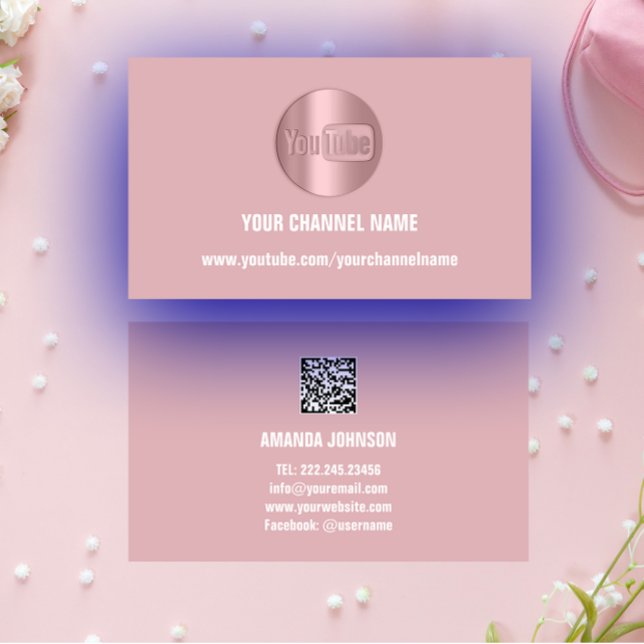 CARTE DE VISITE NOM DU CANAL YOUTUBER LOGO QR CODE ROSE (CHANNEL NAME YOUTUBER LOGO QR CODE PINK BUSINESS CARD)