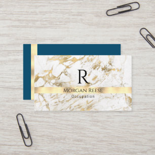 Carte De Visite Nom et monogramme, code QR, Marbre blanc et or V 5