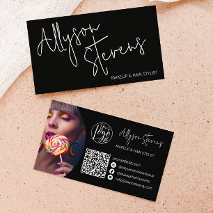 Carte De Visite Nom moderne bold script maquillage cheveux logo qr