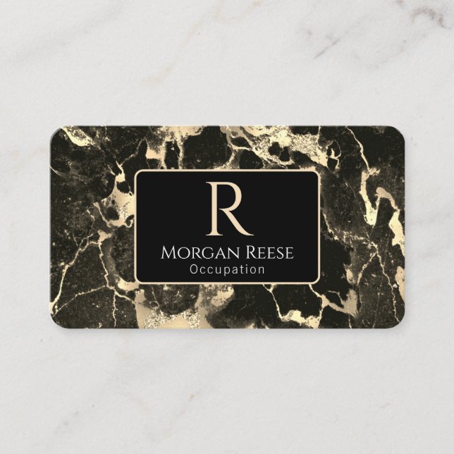 Carte De Visite Nom/Monogramme, Code QR, Marbre noir/or Vs2 (Devant)