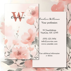 Carte De Visite Nom monogramme floral aquarelle teinte pêche