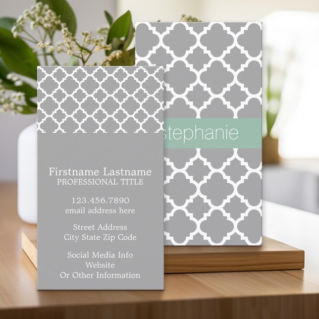 Carte De Visite Nom personnalisé du Motif Quatrefoil Gris et Mint (Custom Printed Business Card)