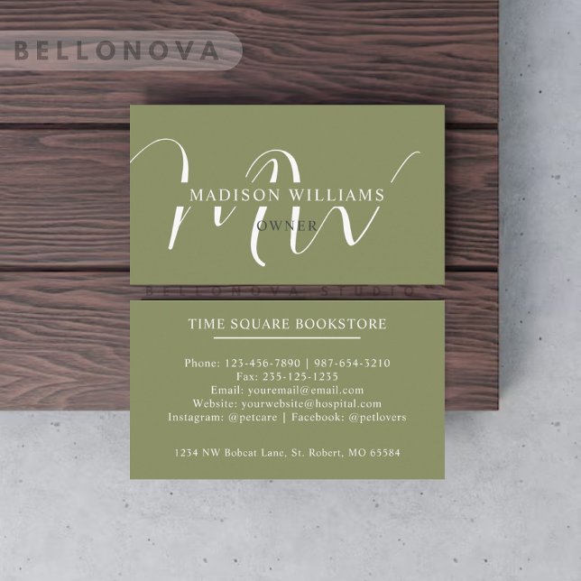 Carte De Visite Nom personnalisé Moss Sage Olive Green Monogramme  (Custom Name Moss Sage Olive Green White Monogram Business Card)