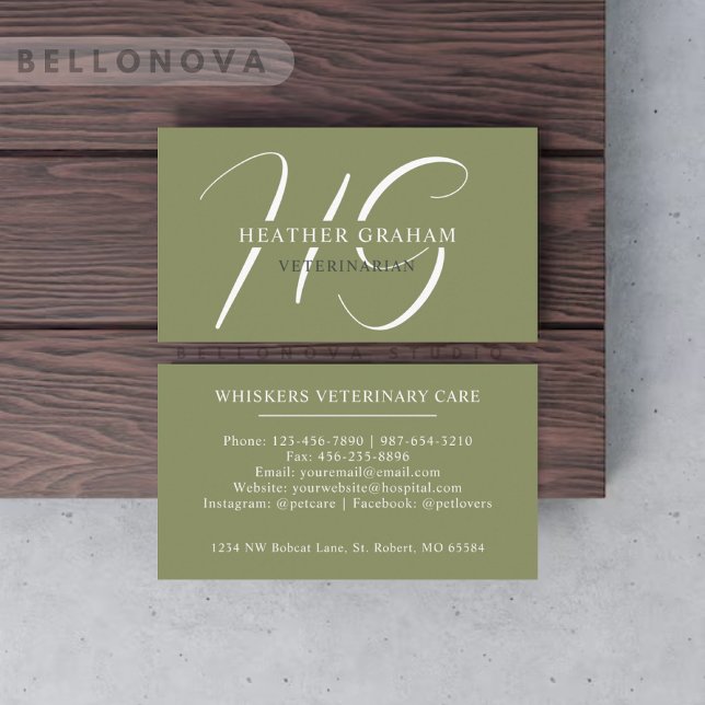 Carte De Visite Nom personnalisé Moss Sage Olive Green Monogramme  (Custom Name Moss Sage Olive Green White Monogram Business Card)