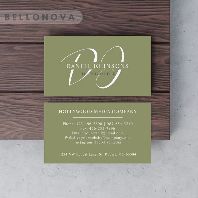 Carte De Visite Nom personnalisé Moss Sage Olive Green Monogramme  (Custom Name Moss Sage Olive Green White Monogram Business Card)