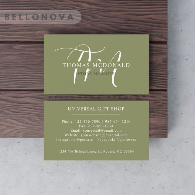 Carte De Visite Nom personnalisé Moss Sage Olive Green Monogramme  (Custom Name Moss Sage Olive Green White Monogram Business Card)