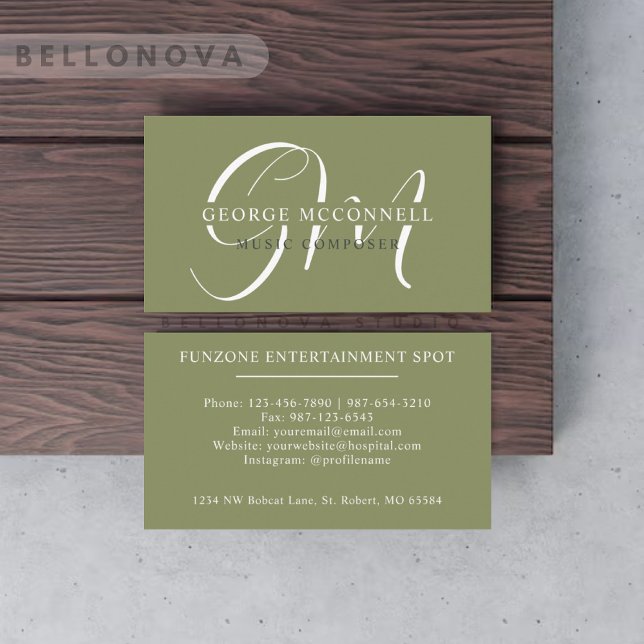 Carte De Visite Nom personnalisé Moss Sage Olive Green Monogramme  (Custom Name Moss Sage Olive Green White Monogram Business Card)
