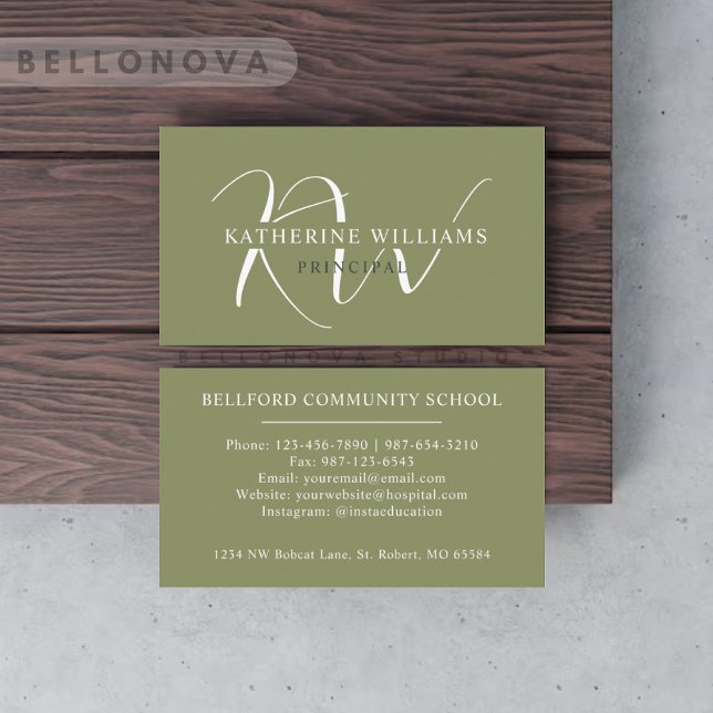 Carte De Visite Nom personnalisé Moss Sage Olive Green Monogramme  (Custom Name Moss Sage Olive Green White Monogram Business Card)