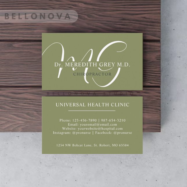 Carte De Visite Nom personnalisé Moss Sage Olive Green Monogramme  (Custom Name Moss Sage Olive Green White Monogram Business Card)