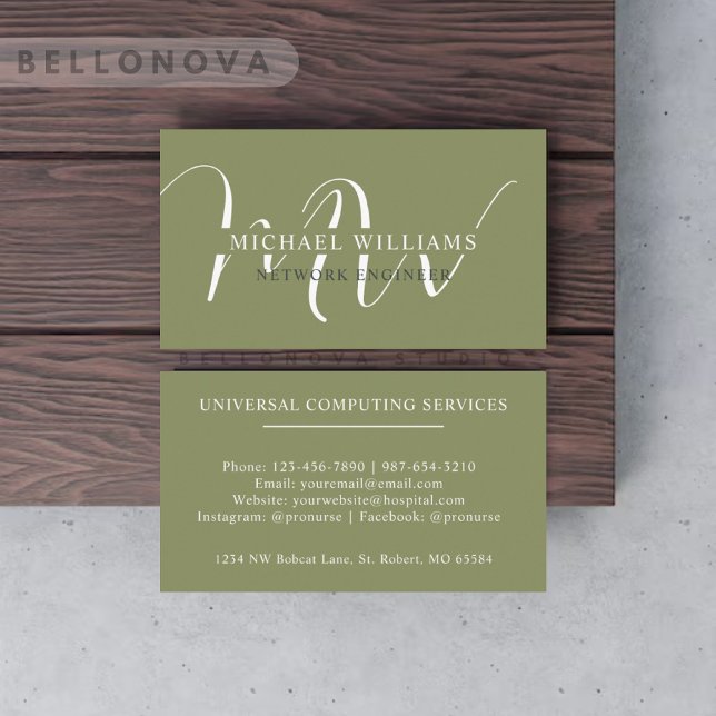 Carte De Visite Nom personnalisé Moss Sage Olive Green Monogramme  (Custom Name Moss Sage Olive Green White Monogram Business Card)