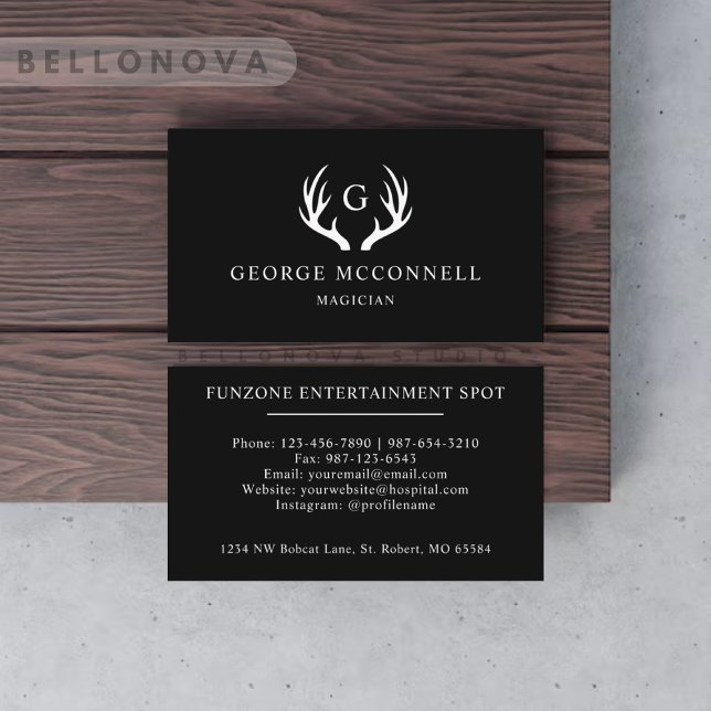 Carte De Visite Nom Personnalisé Noir Et Blanc Cerf Antler Monogra (Custom Name Black And White Deer Antler Monogram Business Card)