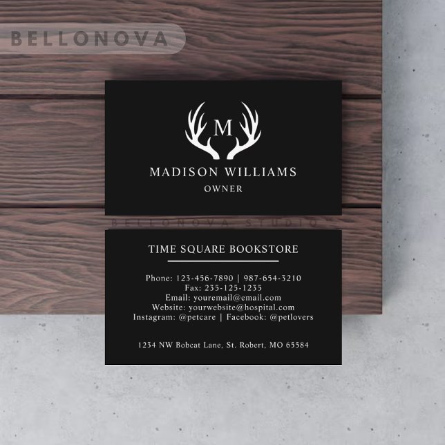 Carte De Visite Nom Personnalisé Noir Et Blanc Cerf Antler Monogra (Custom Name Black And White Deer Antler Monogram Business Card)