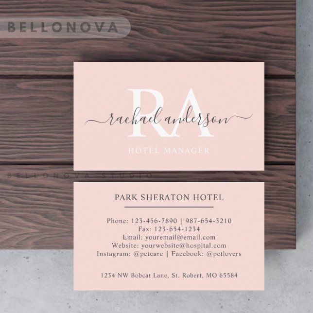 Carte De Visite Nom personnalisé Pâle rose blanc noir Monogramme (Custom Name Pale Peach Pink White Black Monogram Business Card)