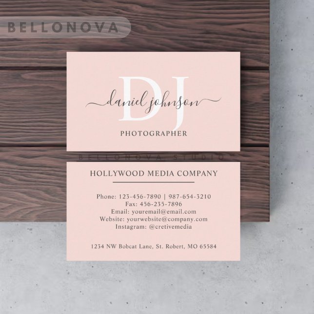 Carte De Visite Nom personnalisé Pâle rose blanc noir Monogramme (Custom Name Pale Peach Pink White Black Monogram Business Card)