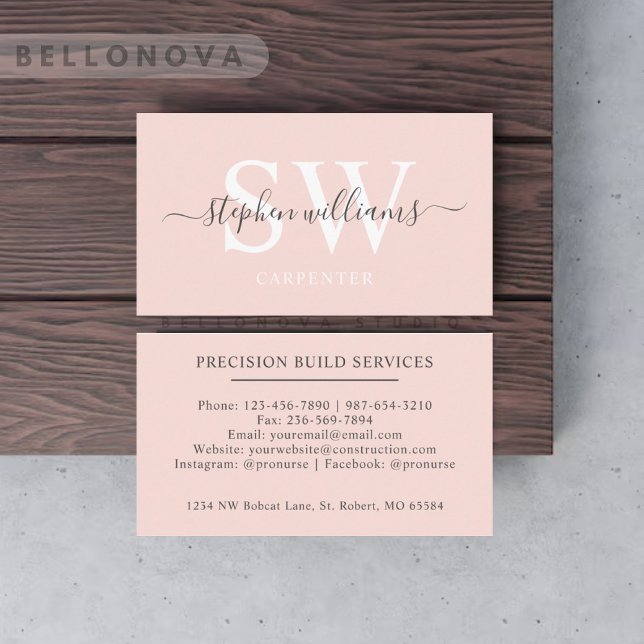 Carte De Visite Nom personnalisé Pâle rose blanc noir Monogramme (Custom Name Pale Peach Pink White Black Monogram Business Card)