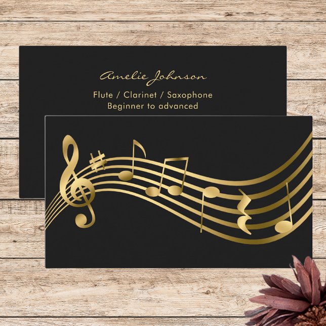 Carte De Visite Notes de musique Flute Enseignant Gold Elegant (Créateur téléchargé)