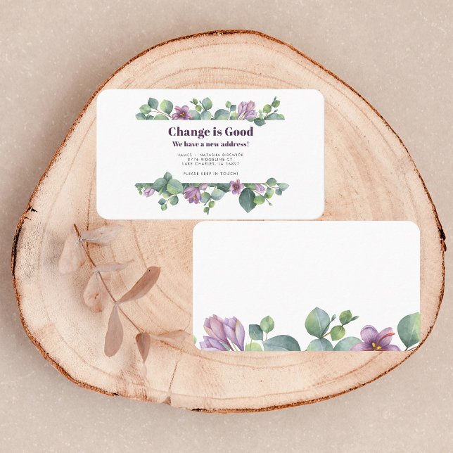 Carte De Visite Nous avons déplacé l'adresse Eucalyptus Moving Fai (Eucalyptus Greenery Purple Moving Announcement Business Card)