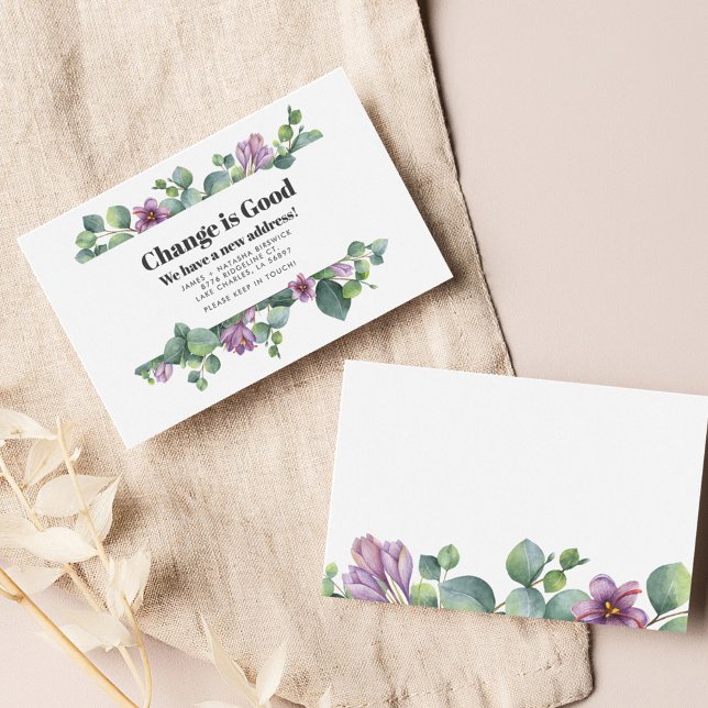 Carte De Visite Nous avons déplacé l'adresse Eucalyptus Moving Fai (Botanical Purple and Green Eucalyptus Moving Announcement)