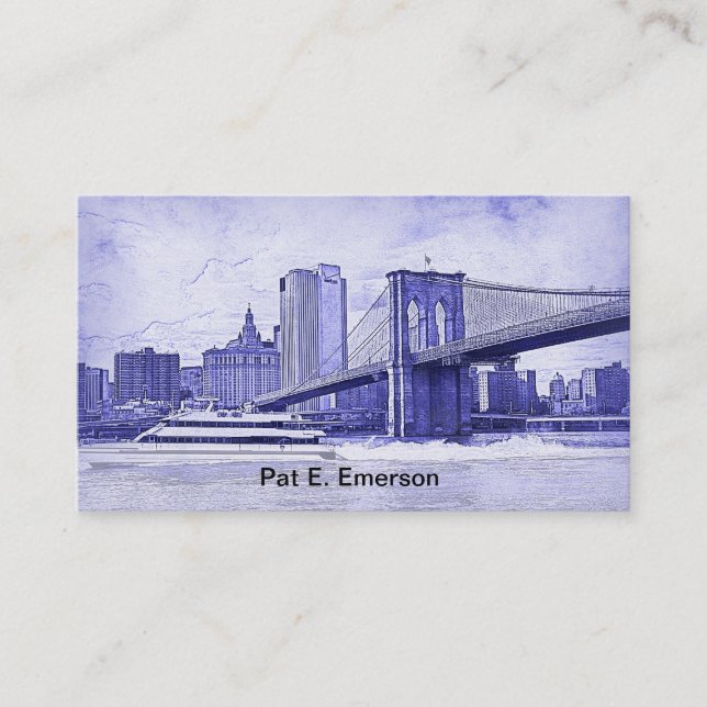 Carte De Visite NYC Skyline Brooklyn Bridge Boat Etched Look #2 (Devant)