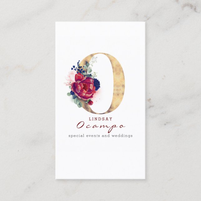 Carte De Visite O Monogram Burgundy Gold et Navy Blue Floral (Devant)