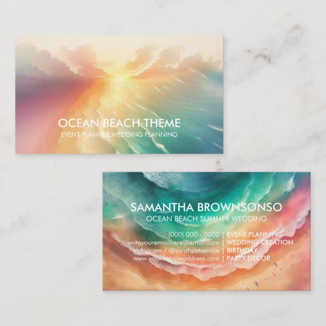 Carte De Visite Ocean Beach Event Planning Party Green Sun (Devant / Derrière)