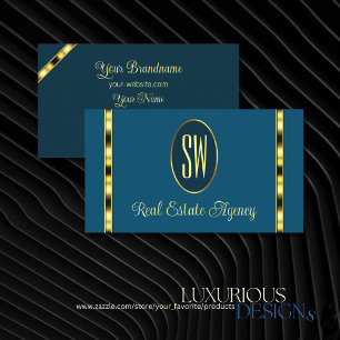 Carte De Visite Ocean Blue avec Monogram Gold Borders Professional