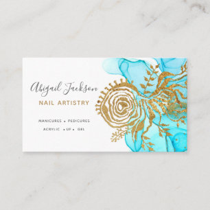 Carte De Visite Ocean Blue Gold Abstract Aquarelle vernis à ongle