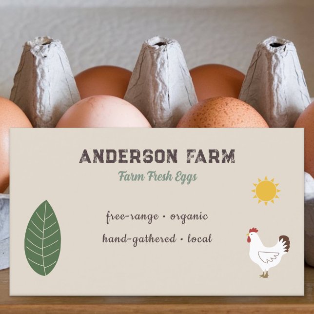 Carte De Visite Oeufs frais de ferme - Poulet, soleil et feuille (Farm Fresh Eggs - Chicken, Sun and Leaf Business Card)