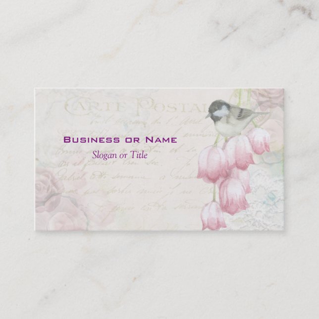 Carte De Visite Oiseau et fleurs avec écriture manuscrite Shabby V (Devant)