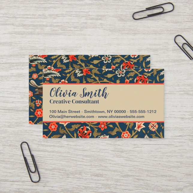 Carte De Visite Oiseau et fleurs Perse Motif bleu rouge (Devant/Arrière en situation)