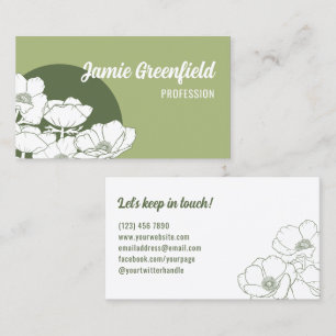 Carte De Visite Olive Green White Anemones Line Art
