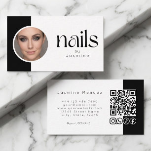 Carte De Visite Ongles en photo noir et blanc Code QR Icônes socia