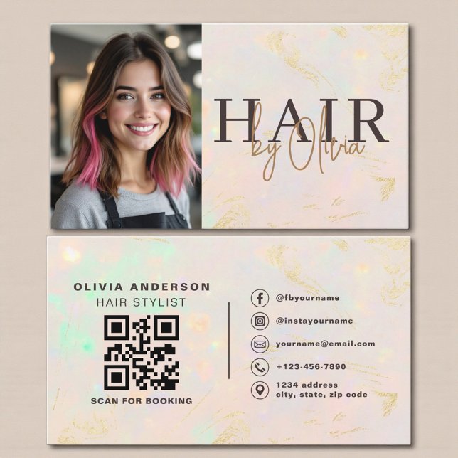 Carte De Visite Opal Hair Stylist Photo QR Code  (Créateur téléchargé)