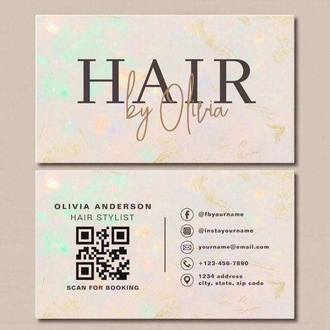 Carte De Visite Opal QR Code Hair Stylist Modern (Créateur téléchargé)