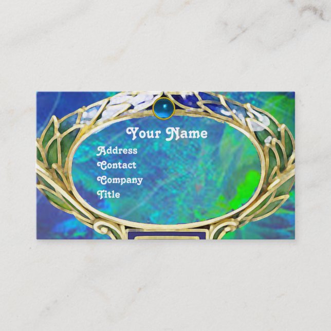 CARTE DE VISITE OPAL VERT BLEU, MONOGRAMME D'OEUVRE D'OR ART NOUVE (Devant)