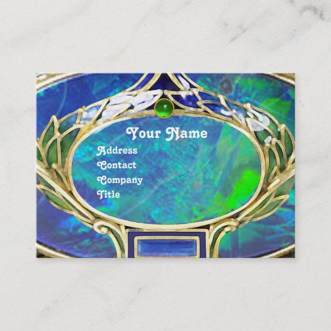 CARTE DE VISITE OPAL VERT BLEU, MONOGRAMME D'OEUVRE D'OR ART NOUVE (Devant)