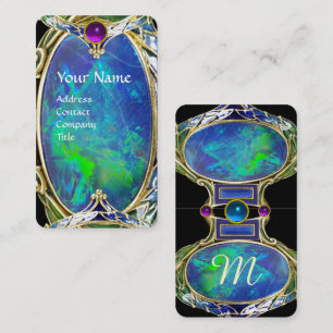 CARTE DE VISITE OPALE DE VERT BLEU, MONOGRAMME DE BIJOU D'OR DE