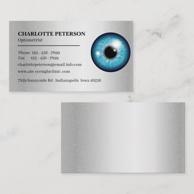 Carte De Visite Optométriste moderne en métal argenté et eyeball (Devant / Derrière)