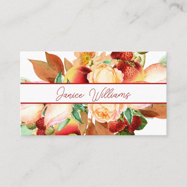 Carte de visite opulent de fraises et de fleurs (Devant)