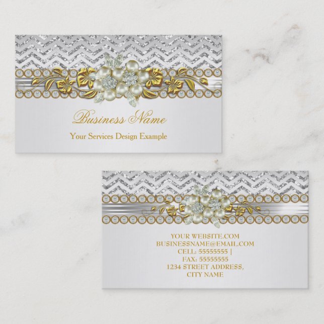 Carte De Visite Or Argent Chevron Blanc Diamant Pearl Floral (Devant / Derrière)