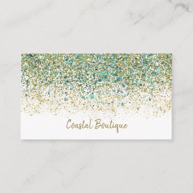Carte De Visite Or Blanc & Paillettes Bleu Turquoise Glam Moderne  (Devant)