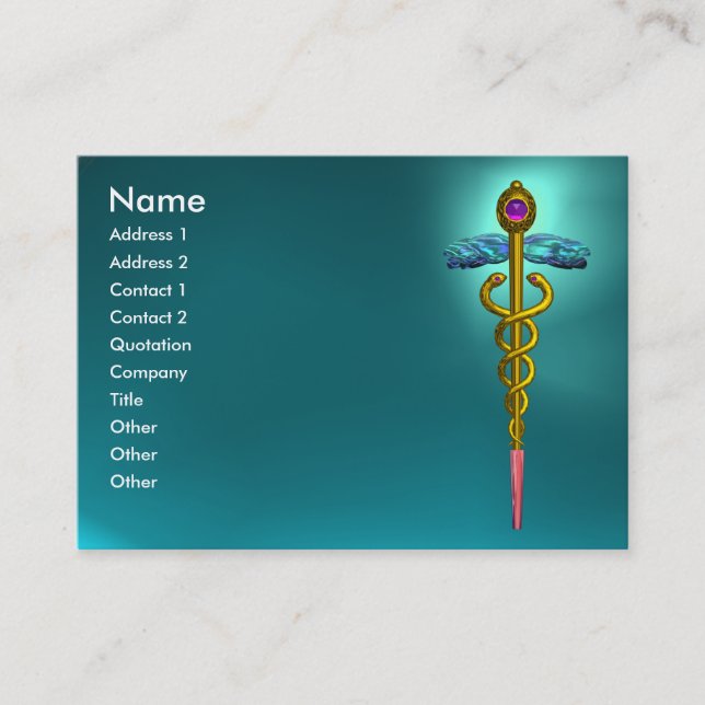 CARTE DE VISITE OR CADUCUS, SYMBOLE MÉDICALE, AQUAMARINE BLEU TURQ (Devant)