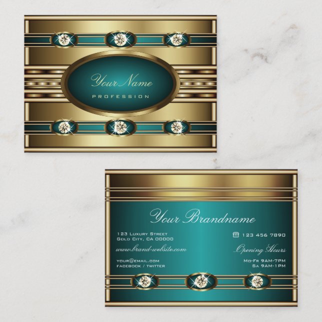Carte De Visite Or élégant avec dégradé Turquoise et diamants Faux (Devant / Derrière)