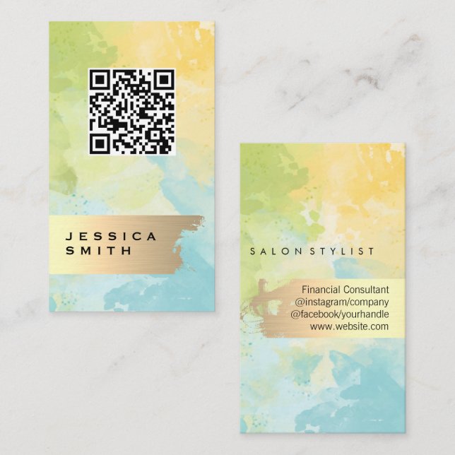 Carte De Visite Or élégant brossé | Code QR | Aquarelle (Devant / Derrière)