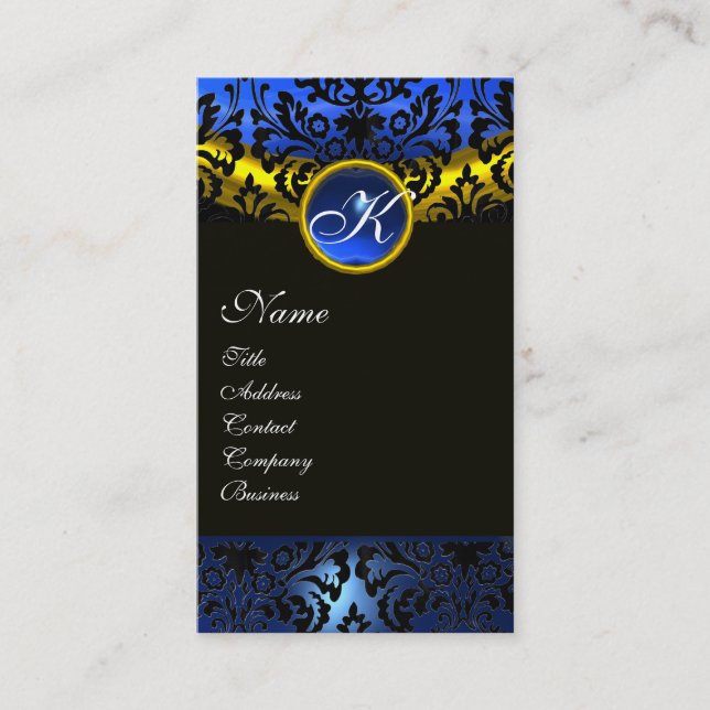 CARTE DE VISITE OR JAUNE NOIR SAPHIRE BLEU DAMASK MONOGRAM (Devant)