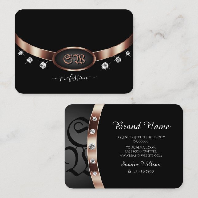 Carte De Visite Or moderne noir et Rose avec bijoux Monogram (Devant / Derrière)