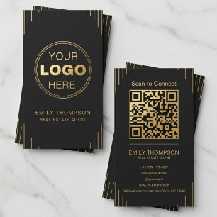 Carte De Visite Or Noir Code QR Art Déco Design Élégant Minimalist