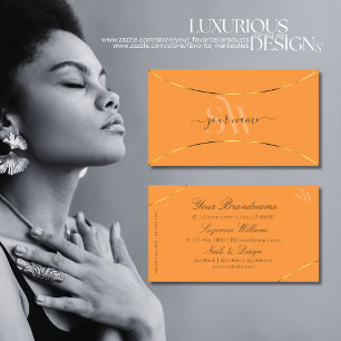Carte De Visite Orange avec des bordures or Décor et Monogramme Mo