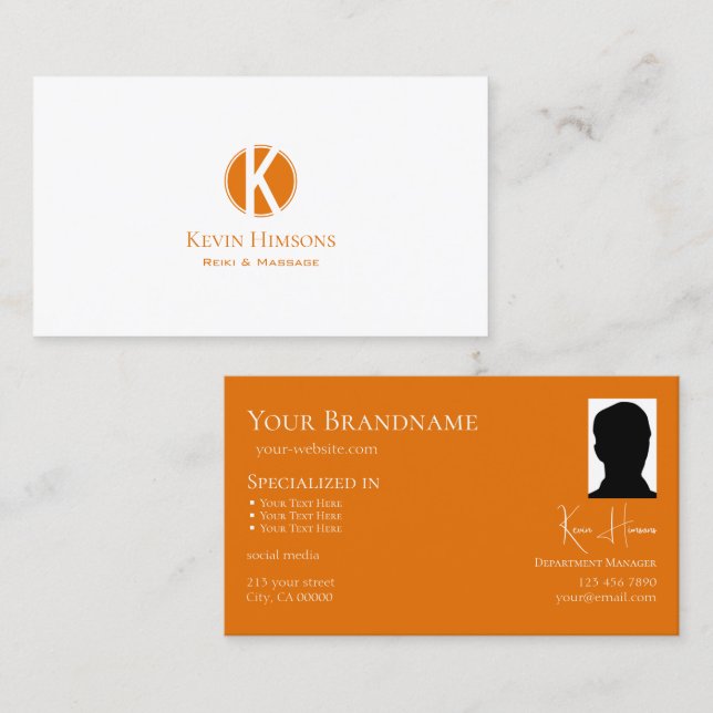 Carte De Visite Orange blanc simple avec Monogramme et photo (Devant / Derrière)