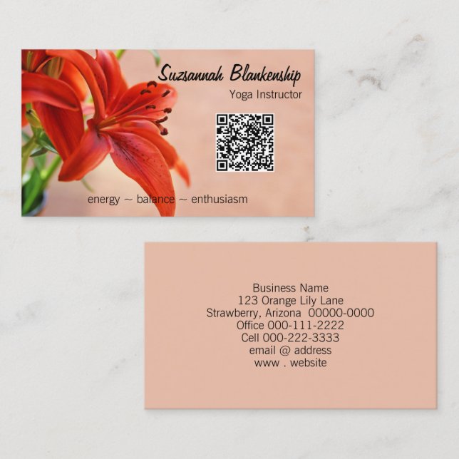 Carte De Visite Orange Lily Photo personnalisée QR Code Yoga Instr (Devant / Derrière)